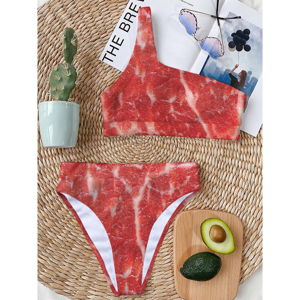 Fresh Meat Print One Shoulder Bikini Top