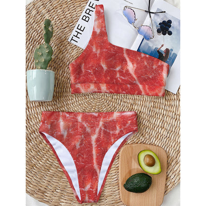 Fresh Meat Print One Shoulder Bikini Top