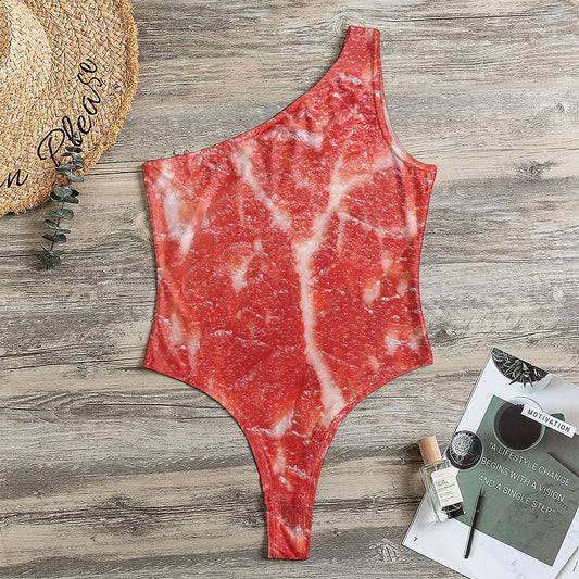 Fresh Meat Print One Shoulder Bodysuit