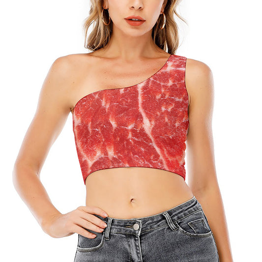 Fresh Meat Print One Shoulder Crop Top