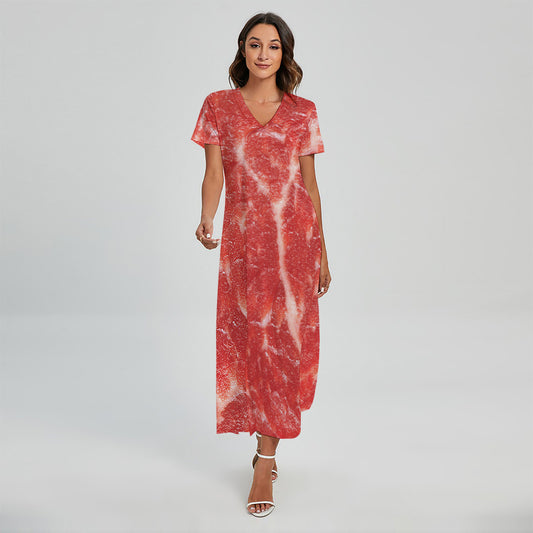 Fresh Meat Print Short Sleeve Maxi Dress