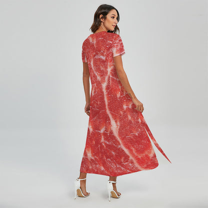 Fresh Meat Print Short Sleeve Maxi Dress