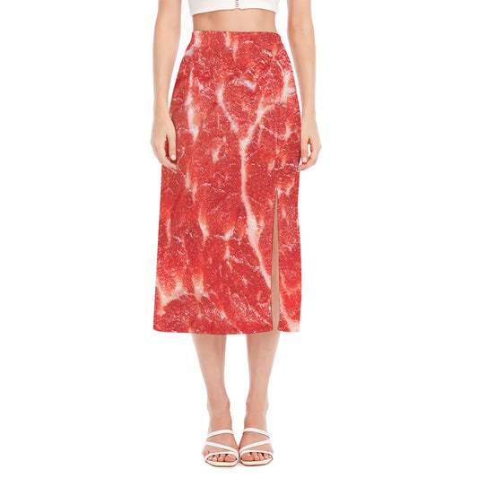 Fresh Meat Print Side Slit Midi Skirt