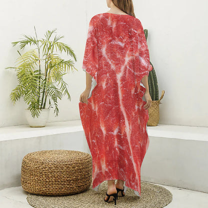 Fresh Meat Print Silk V-Neck Kaftan Dress