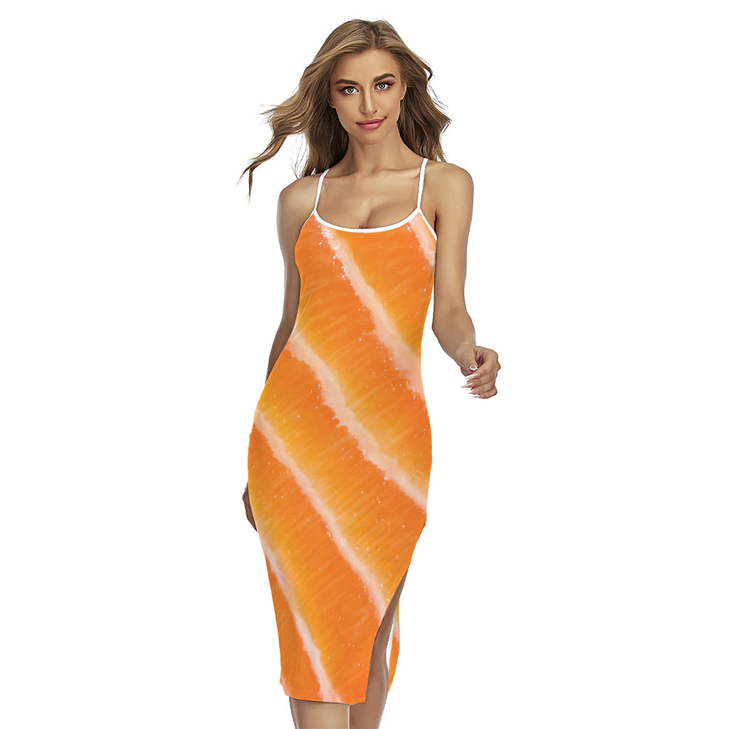 Fresh Salmon Print Cross Back Cami Dress