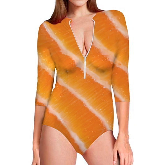 Fresh Salmon Print Long Sleeve Swimsuit