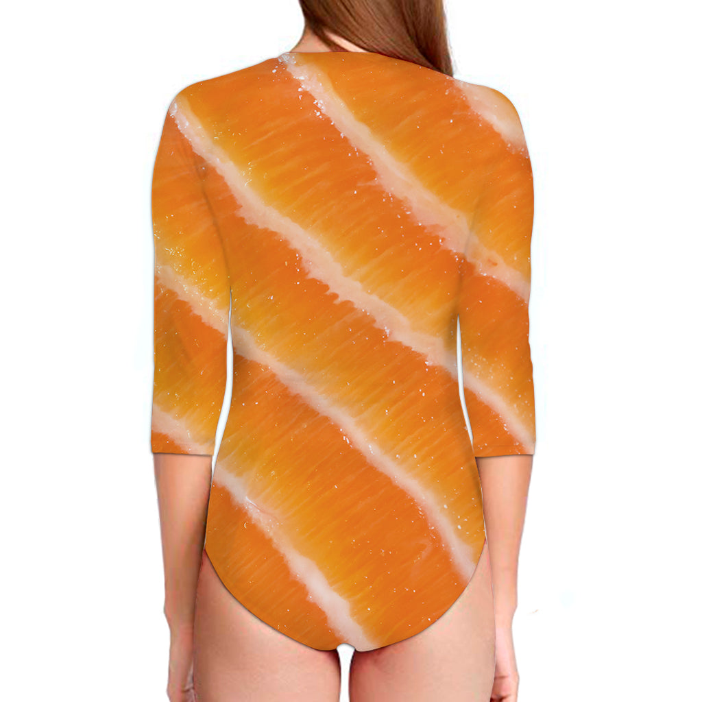 Fresh Salmon Print Long Sleeve Swimsuit