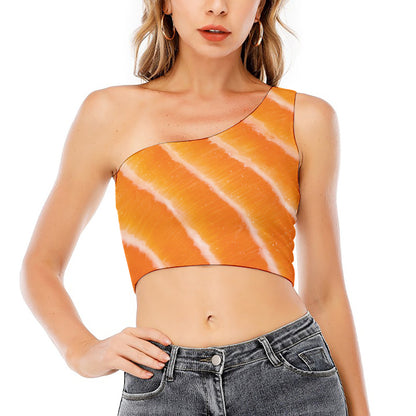 Fresh Salmon Print One Shoulder Crop Top