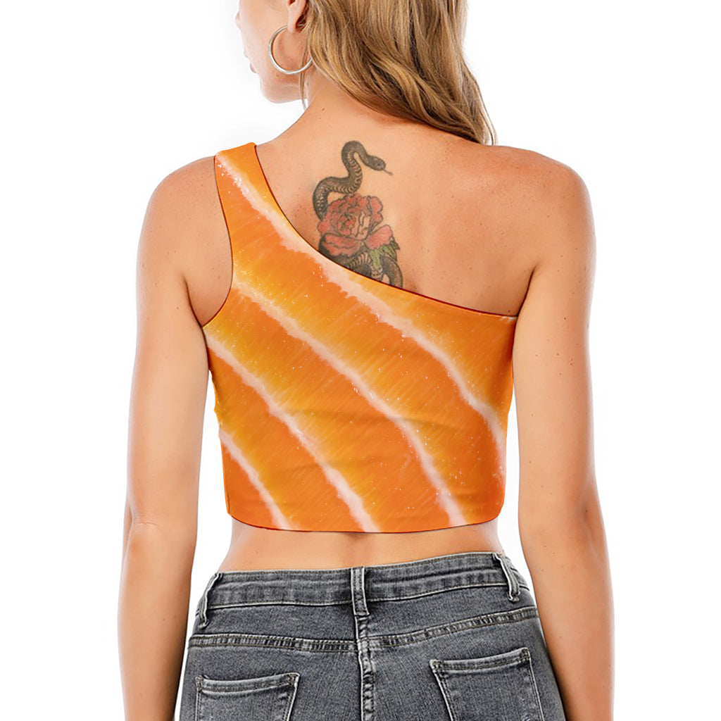 Fresh Salmon Print One Shoulder Crop Top