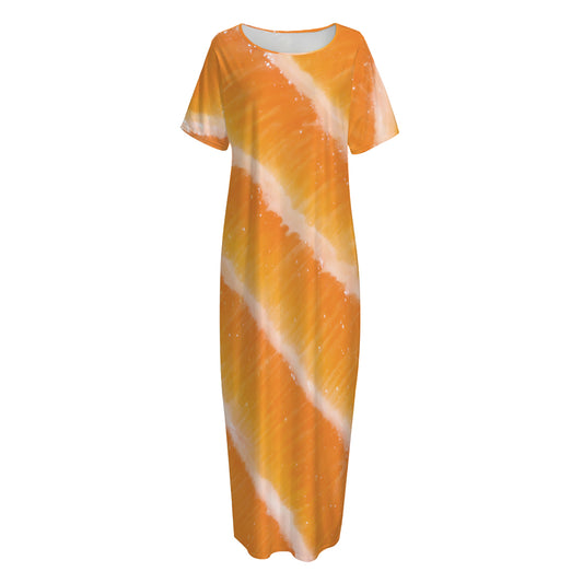 Fresh Salmon Print Short Sleeve Long Nightdress