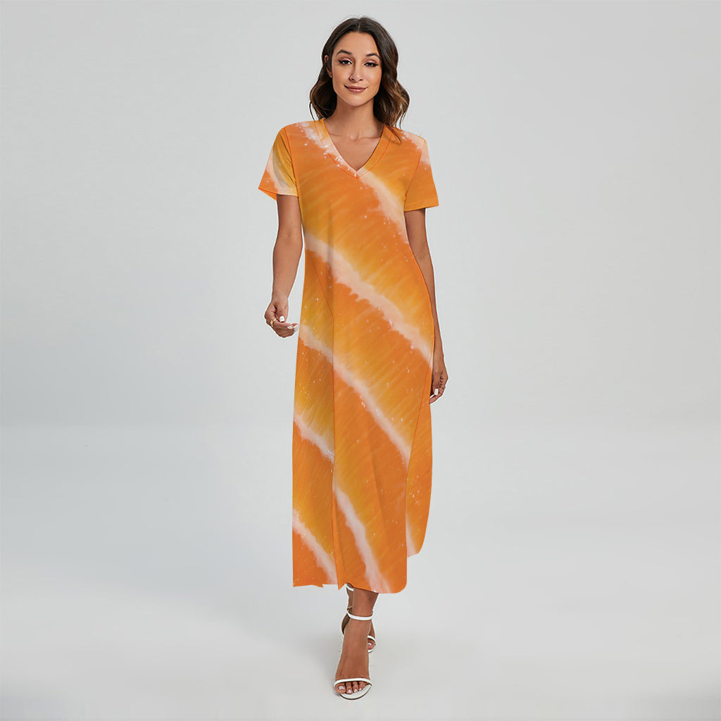 Fresh Salmon Print Short Sleeve Maxi Dress