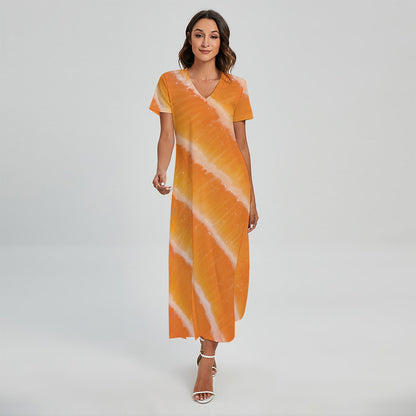 Fresh Salmon Print Short Sleeve Maxi Dress