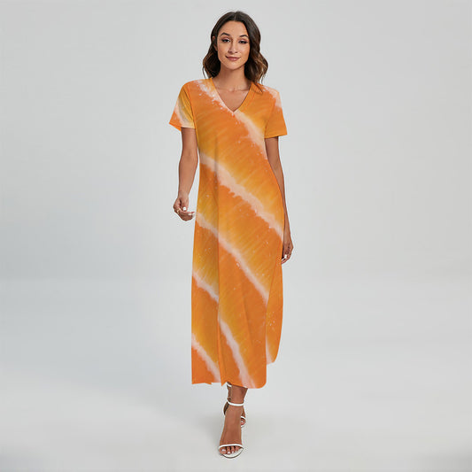 Fresh Salmon Print Short Sleeve Maxi Dress