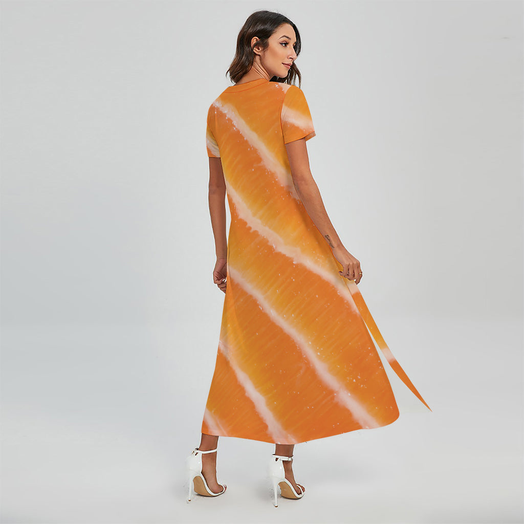 Fresh Salmon Print Short Sleeve Maxi Dress