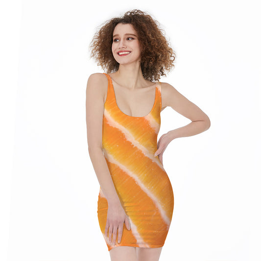 Fresh Salmon Print Sleeveless Bodycon Dress