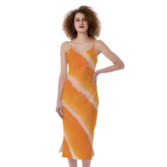 Fresh Salmon Print Slim Fit Midi Cami Dress