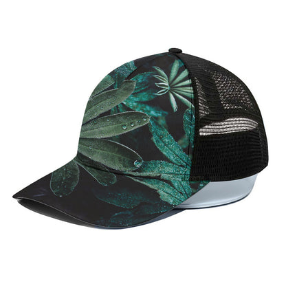 Fresh Tropical Leaf Print Black Mesh Trucker Cap