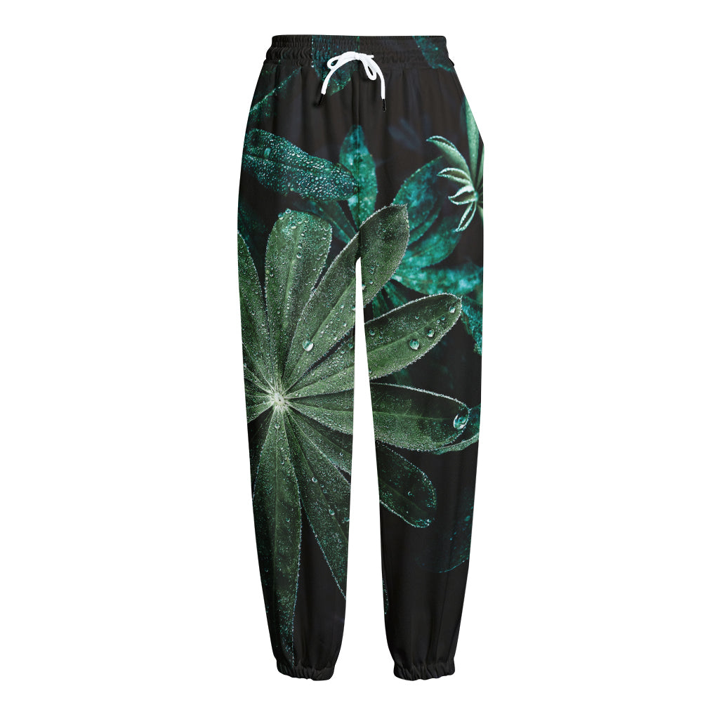 Fresh Tropical Leaf Print Fleece Lined Knit Pants