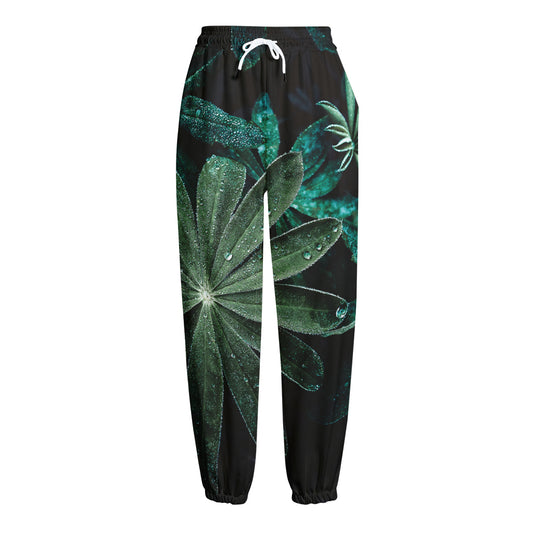 Fresh Tropical Leaf Print Fleece Lined Knit Pants