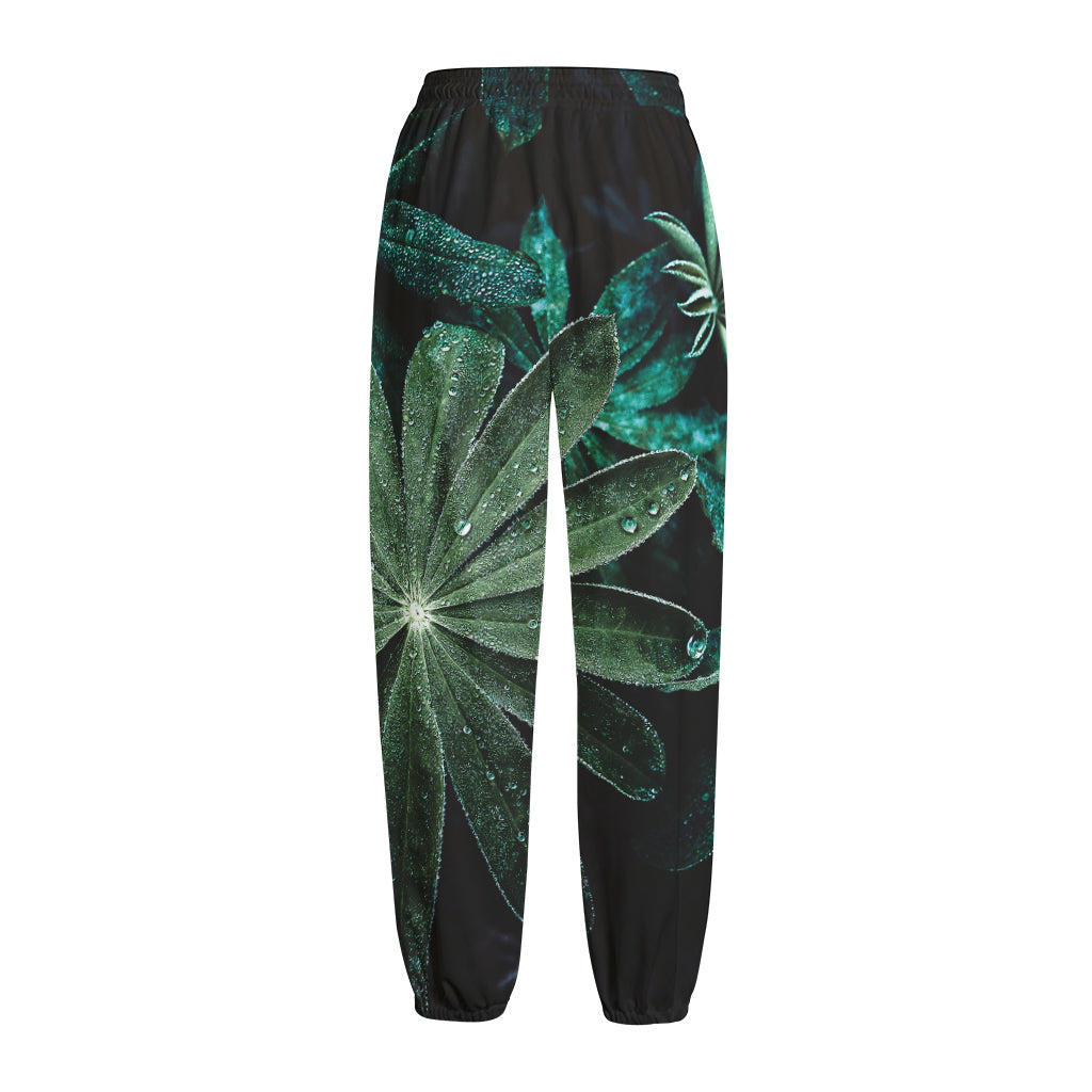 Fresh Tropical Leaf Print Fleece Lined Knit Pants
