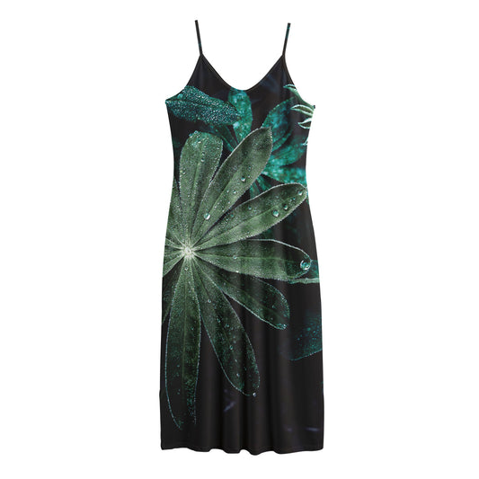 Fresh Tropical Leaf Print Jersey Midi Cami Dress