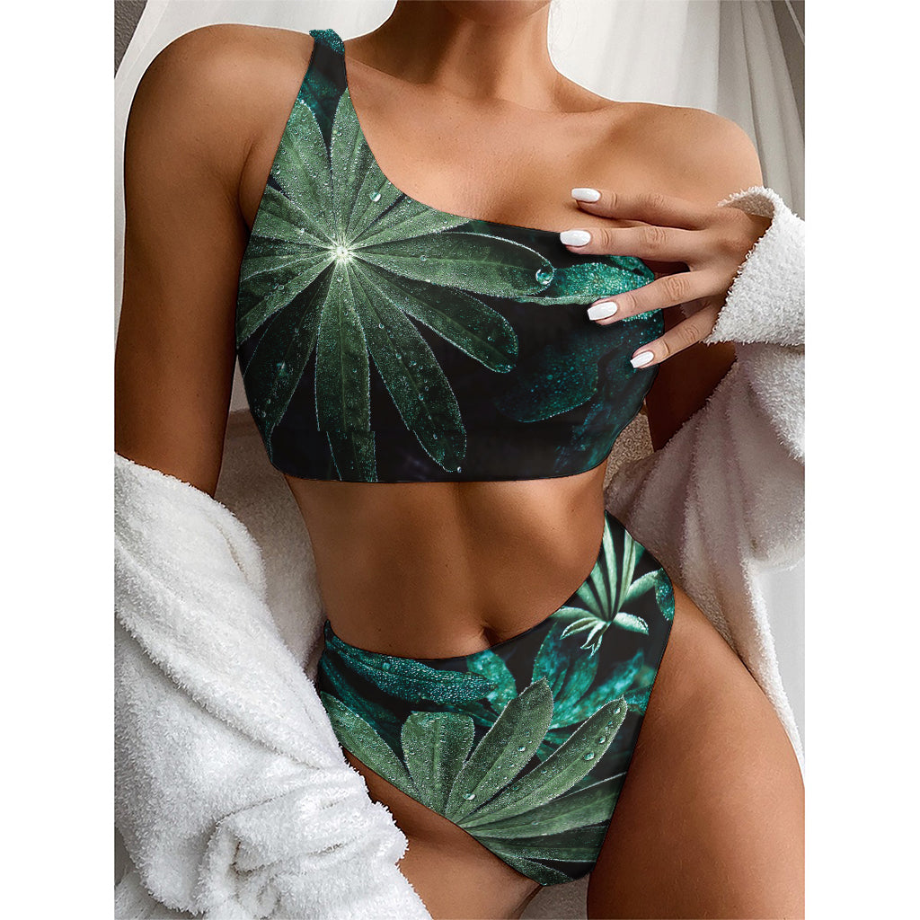 Fresh Tropical Leaf Print One Shoulder Bikini Top