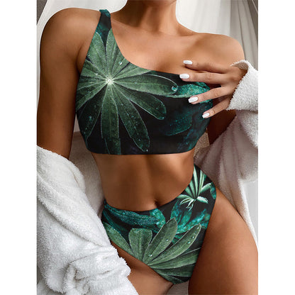 Fresh Tropical Leaf Print One Shoulder Bikini Top