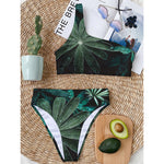 Fresh Tropical Leaf Print One Shoulder Bikini Top