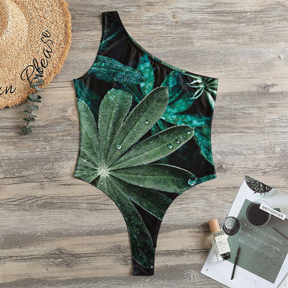 Fresh Tropical Leaf Print One Shoulder Bodysuit