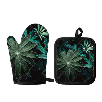 Fresh Tropical Leaf Print Oven Mitt And Pot Holder Set