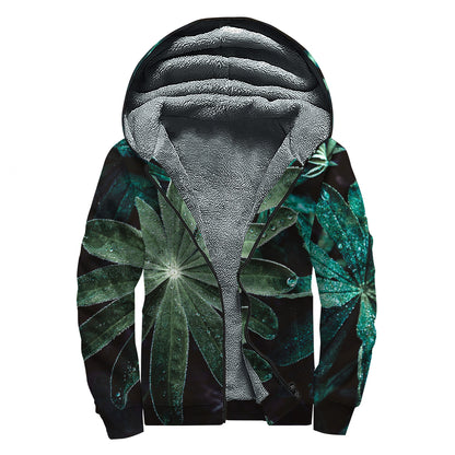 Fresh Tropical Leaf Print Sherpa Lined Zip Up Hoodie