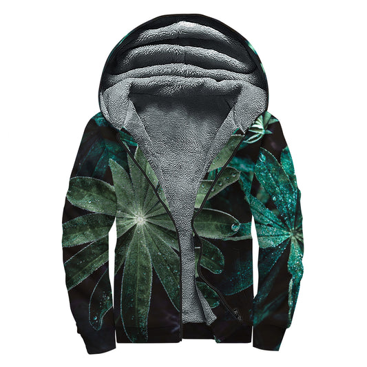 Fresh Tropical Leaf Print Sherpa Lined Zip Up Hoodie