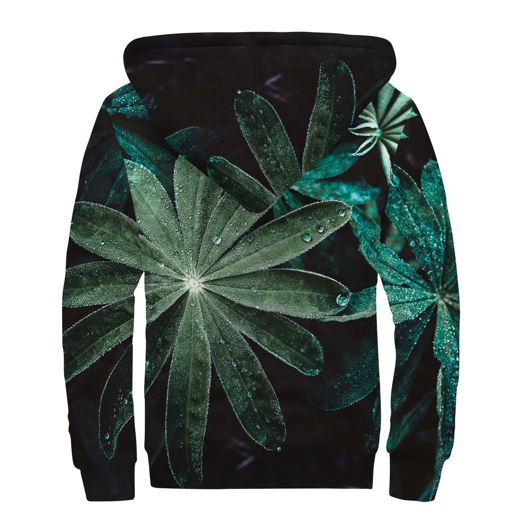 Fresh Tropical Leaf Print Sherpa Lined Zip Up Hoodie
