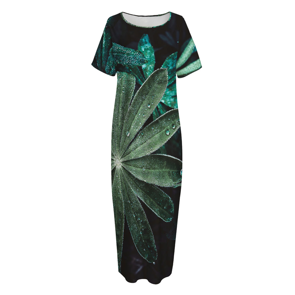 Fresh Tropical Leaf Print Short Sleeve Long Nightdress