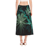 Fresh Tropical Leaf Print Side Slit Midi Skirt