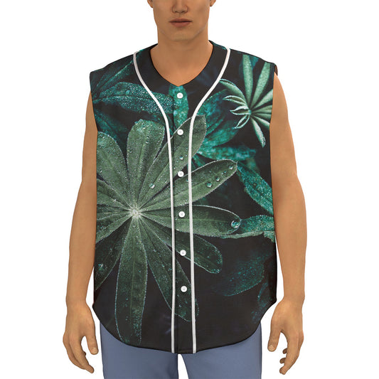 Fresh Tropical Leaf Print Sleeveless Baseball Jersey