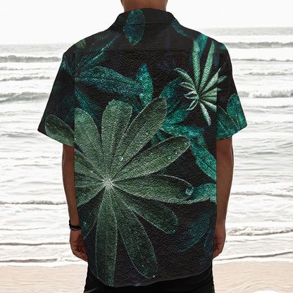 Fresh Tropical Leaf Print Textured Short Sleeve Shirt