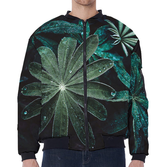 Fresh Tropical Leaf Print Zip Sleeve Bomber Jacket