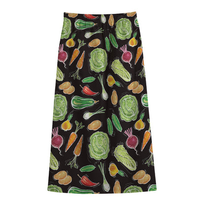 Fresh Vegetable Pattern Print Cotton Front Slit Maxi Skirt