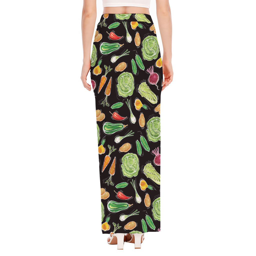 Fresh Vegetable Pattern Print High Slit Maxi Skirt