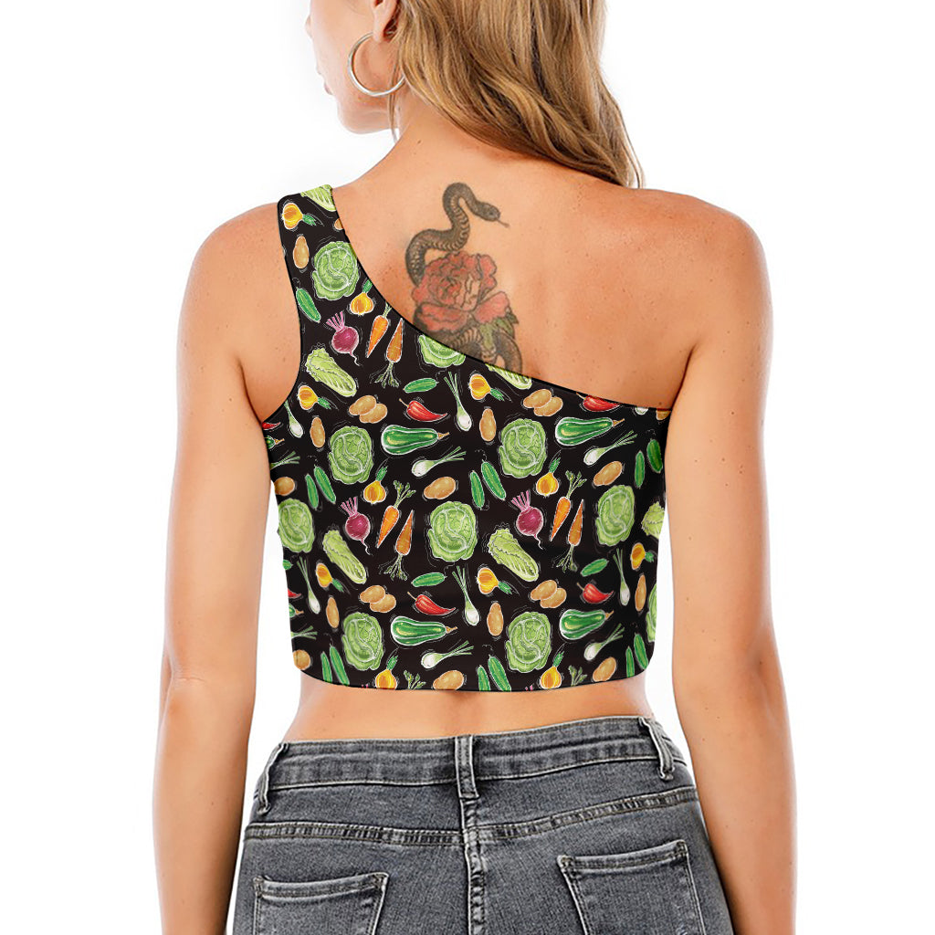 Fresh Vegetable Pattern Print One Shoulder Crop Top