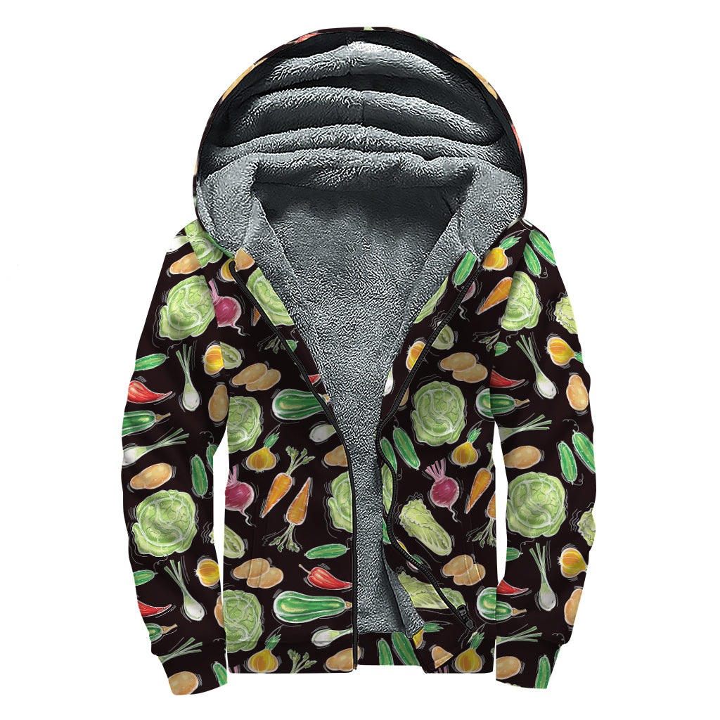 Fresh Vegetable Pattern Print Sherpa Lined Zip Up Hoodie