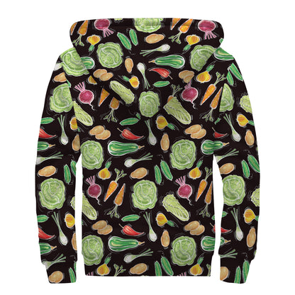 Fresh Vegetable Pattern Print Sherpa Lined Zip Up Hoodie