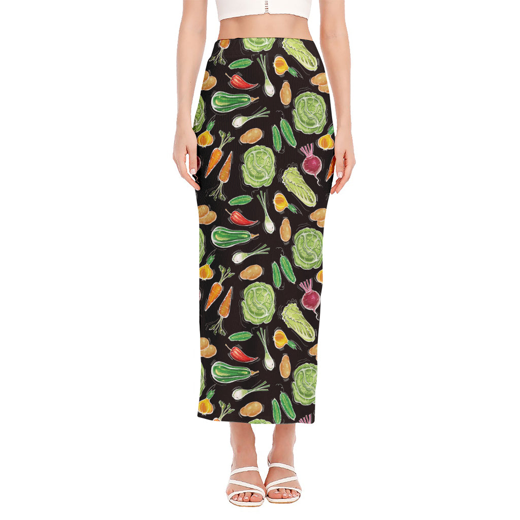 Fresh Vegetable Pattern Print Side Slit Maxi Skirt
