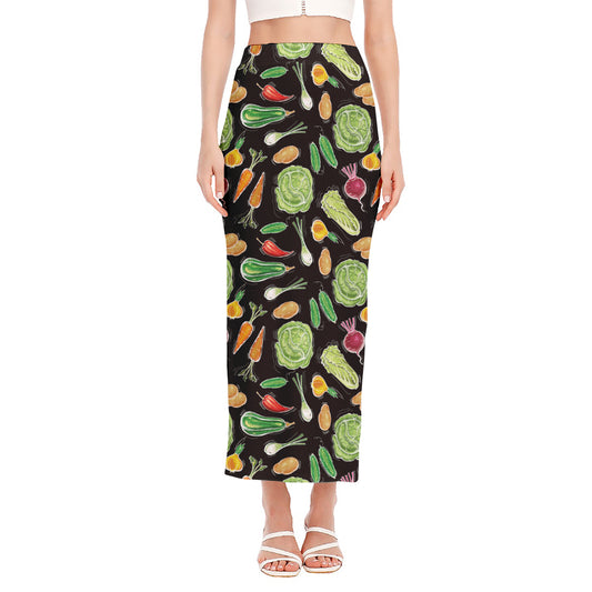 Fresh Vegetable Pattern Print Side Slit Maxi Skirt