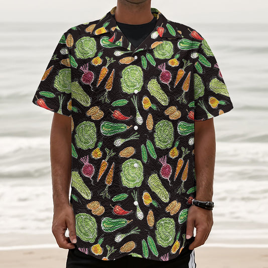 Fresh Vegetable Pattern Print Textured Short Sleeve Shirt