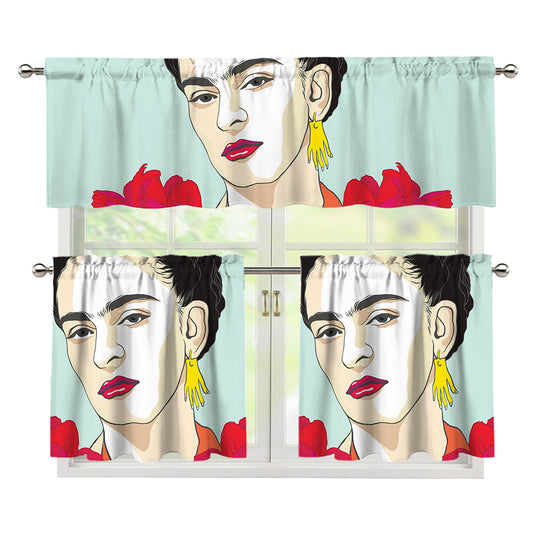 Frida Kahlo And Floral Print 3 Piece Kitchen Curtains