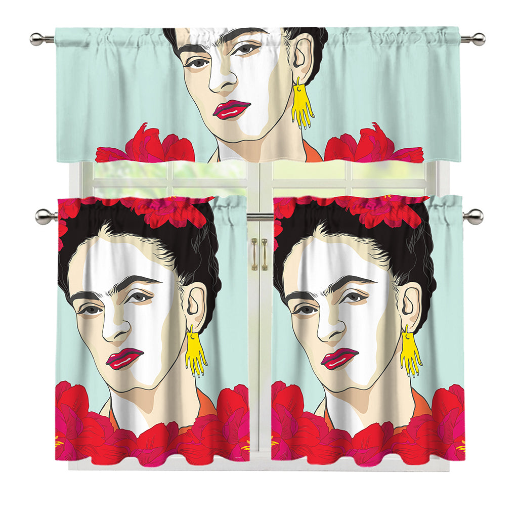 Frida Kahlo And Floral Print 3 Piece Kitchen Curtains