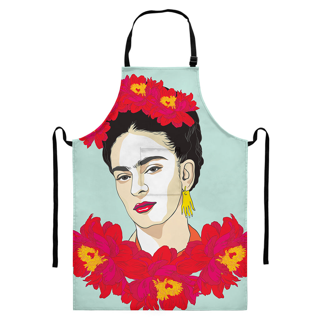 Frida Kahlo And Floral Print Bib Apron With Pocket