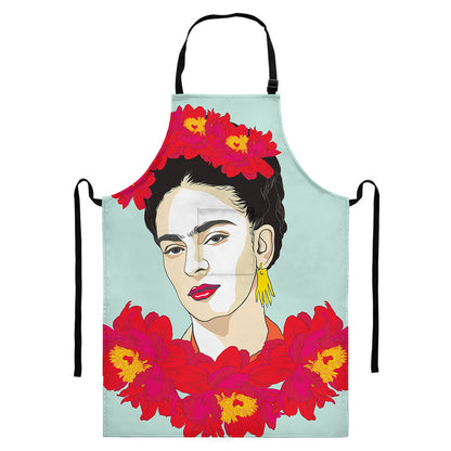 Frida Kahlo And Floral Print Bib Apron With Pocket